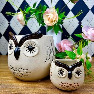 Owl Planter Pair Ceramic Folk Art Boho Tabletop Planters Set Rustic Whimsy Boho